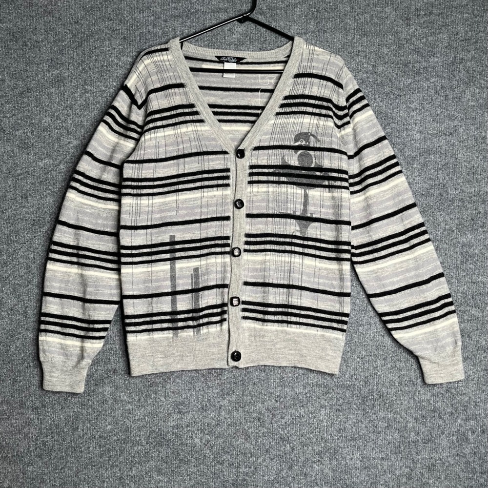 Artful Dodger Mens Grey Striped 100% Wool V-Neck Button Front Cardigan Sweater L